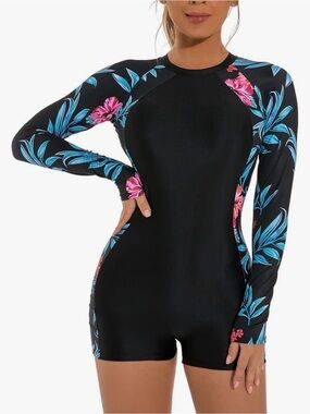Long Sleeve Black Floral Rashguard Swimsuit - Women